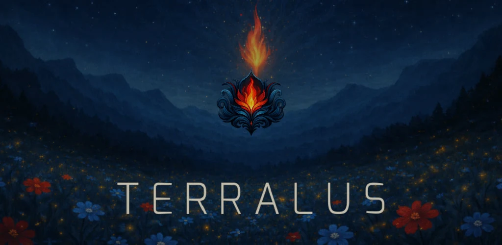 Terralus title artwork: a glowing flame above a mountain valley beneath a star-filled sky.